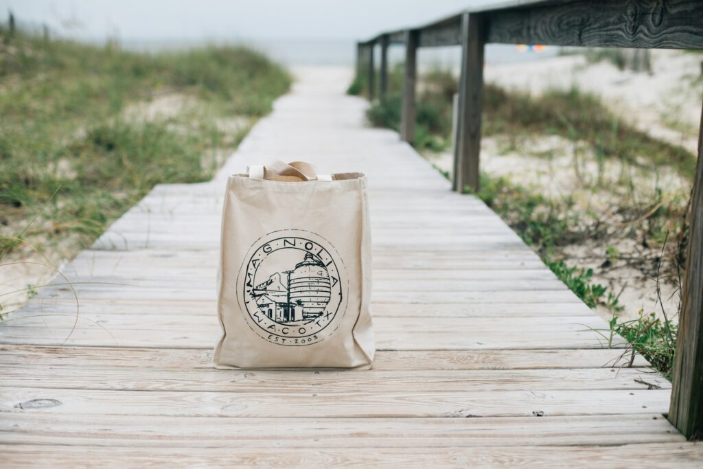 printed tote bag on the beach